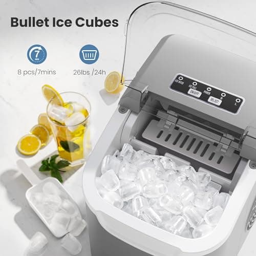 Portable Countertop Ice Maker Machine with Handle, 9 Bullet-Shaped Ice Cubes Ready in 6 Mins, 26Lbs/24H, Self-Cleaning Function with Ice Scoop and Basket for Home/Kitchen/Party (Grey)