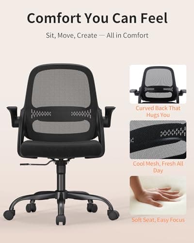 Ergonomic Mesh Office Chair with Flip-Up Arms, Adjustable Height, Breathable Mesh Back & Thick Cushion Seat, 360° Swivel Rolling Computer Desk Chair, BIFMA Certified, Supports 300 lbs (Black)