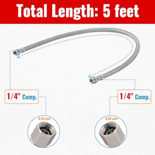 SUNGATOR 5 Feet Refrigerator Water Line, 1/4" Comp X 1/4" Comp Ice Maker Hose, 5 Feet Stainless Steel Braided Ice Maker Water Supply Line with A Wrench and Sealing Tape (1 Pack)