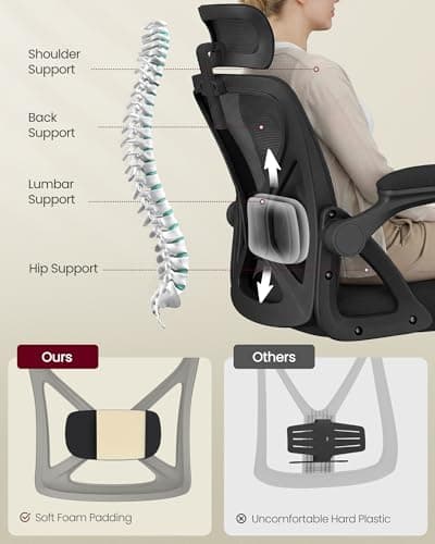VASAGLE Ergonomic Mesh Office Chair with Adjustable Lumbar Support and Headrest, 90-105° Tilt Function, Wide Seat, Flip‑Up Armrests, Computer Desk Chair for Home Office, Ink Black UOBN044BH01S
