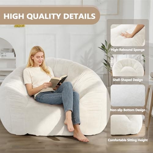 Bean Bag Chair for Adults, Soft Faux Fur Giant Beanbag Chairs, Oversized Cozy Bean Bag Couch Large Reading Chair, Comfy Bean Bag Sofa for Living Room, Bedroom & Dorm, Beige