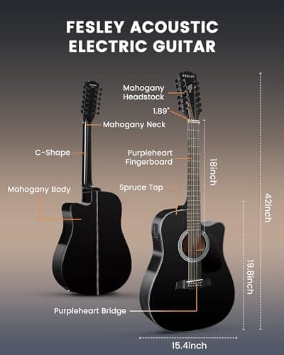 Fesley 12 String Guitar: 42" Full Size Acoustic Electric Guitars for Beginners Adults, Spruce Top Guitarra Acustica, Cutaway Guitar Bundle with Gig Bag, Picks, Strings, Strap, Gloss, Black