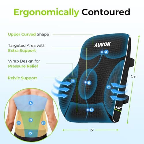 AUVON Lumbar Support Pillow for Office Chair with Patented Bulge for Lower Back Support, Ergonomic Office Home Essentials Improve Posture, Memory Foam Chair Cushion with Straps for Home, Office, Car