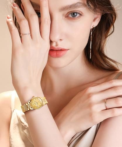 OLEVS Womens Automatic Watches Gold Classic Diamond Ladies Self Winding Mechanical Two Tone Stainless Steel Wrist Watch Date