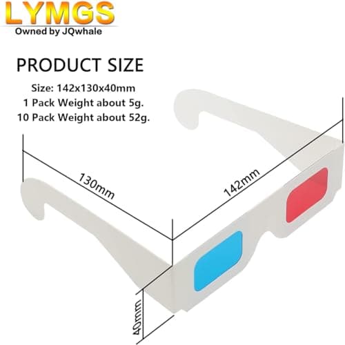 10 Pairs 3D Paper Glasses, Red and Cyan Lens in White Frame Anaglyph Cardboard for Movies - Folded in Protective Sleeve