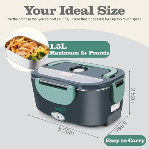 Buddew Electric Heated Lunch Box, 100W Fast Heating, 1.5L Food-Grade 304 Stainless Steel, 12V/24V/110V Portable Food Warmer for Car Truck Office Adults, Lonchera Electrica Portatil (Green) B09G2X39MK