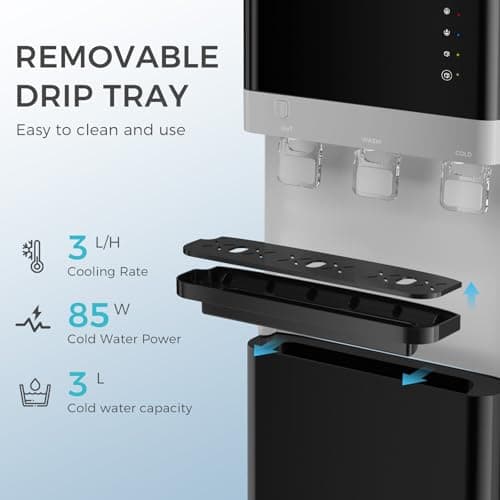 OSTBA Water Dispenser with Ice Maker for 3 & 5 Gallon Bottles, Top Loading Water Cooler with Hot Cold & Room Temperature Water, Bullet Ice Maker, Child Safety Lock for Home Office