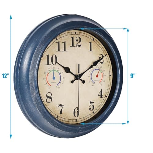 12 Inch Outdoor Clock with Thermometer and Hygrometer Combo, Waterproof Indoor Outdoor Wall Clocks for Patio, Pool, Garden, Bathroom Decor- Blue