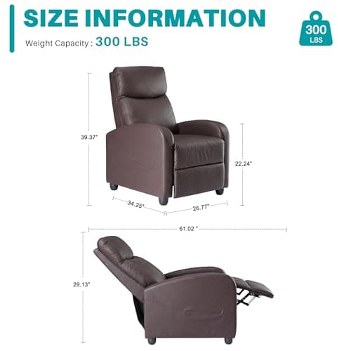 Sweetcrispy Recliner Chair PU Leather Recliner Sofa No Massage, Home Theater Seating with Lumbar Support, Adjustable Push Back Overstuffed High-Density Sponge Reclining for Living Room, Brown