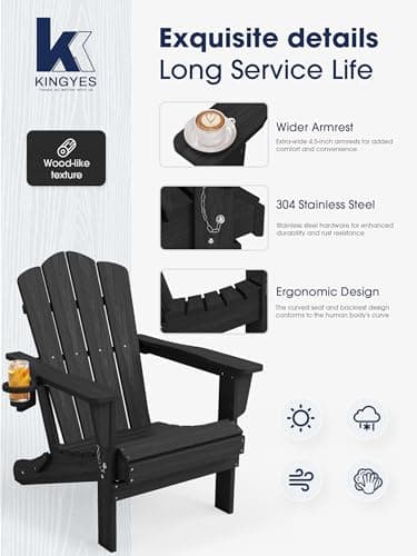 KINGYES Folding Adirondack Chair Set of 6, HDPE All-Weather Patio Chairs, Wooden Textured Lawn Chair for Poolside, Backyard, Deck, Fire Pit, Black