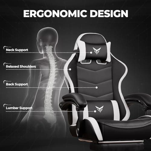 GTPLAYER Gaming Chair High Back Computer Chairs with Foot Rest for Adults, Ergonomic Height Adjustable Recliner Chair 300lbs with Linkage Armrest and Lumbar Support for Home Office, White