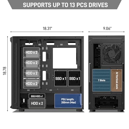 DARKROCK Classico Max Storage Master E-ATX Computer Case with 4x120mm Black Fan, 10 x3.5 HDD+3 x2.5 SDD USB 3.0 Ready, 360mm Radiator Supported, Vertical Slots for GPU Vertically Mount - Black