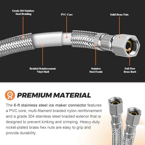 UPGRADE Ice Maker Water Connector Line by Beaquicy - 6 FT (72-Inch) Stainless Steel Braided Hoses with 1/4-in Compression x 1/4-in Compression