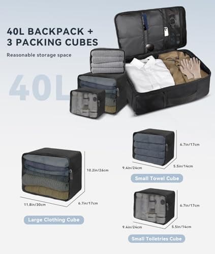 Extra Large 50L Travel Backpack Carry On Flight Approved, Luggage Backpack with Shoes Pouch, Suitcase Backpacks With 3 Packing Cubes, Personal Item Travel Bag, Black