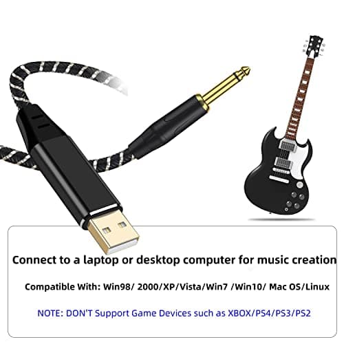 NCGGY USB Guitar Cable, Guitar 1/4 Inch TS Male to Computer USB Interface Cable Adapter for Instruments Recording Singing,Premium Nylon Braided Guitar Cord，Length 6.6FT