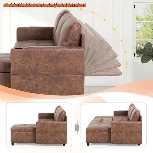 Lesofair 84" L-Shape Pull Out Sofa Bed with Adjustable Backrest, Upholstered Sectional Sleeper Sofa with Storage Chaise, Suede Leather Reversible Couch Bed with USB Port for Living Room, House, Brown