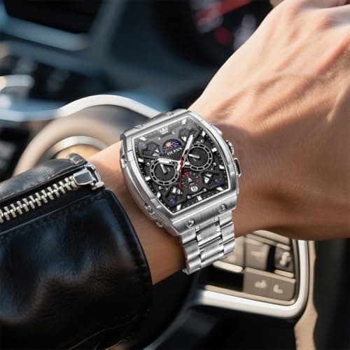 OLEVS Watches for Men Analog Quartz Luxury Diamond Waterproof Chronograph Stainless Steel Big Face Square Date Moon Phase Roman Numeral Dress Watch for Men