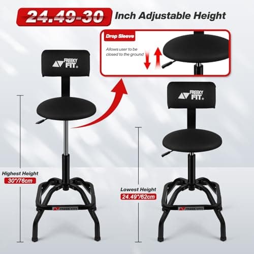 Shop Stool with Backrest, Mechanic Garage Stool for Workshop, Adjustable Shop Stools Chair, Padded Workbench Stools for Men Women, 300 LBS Capacity, 360° Swivel PVC Seat, Heavy Duty, Black