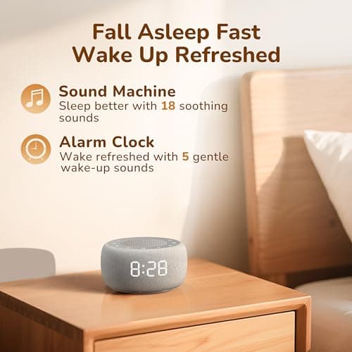 Buffbee Alarm Clock with Sound Machine for Bedrooms – 2-in-1 White Noise Machine for Sleep, Gentle Wake-Up with Soft Alarm Sounds, Ambient Night Light, Plug-in, Sleep Better, Wake Gently