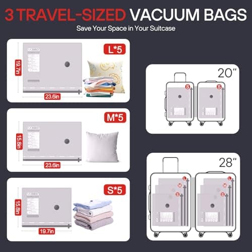 VMstr 15-Pack Vacuum Seal Bags for Clothing with High Pressure DC Electric Pump | Compression Vacuum Bags for Travel & Luggage Packing | Carry-On Size