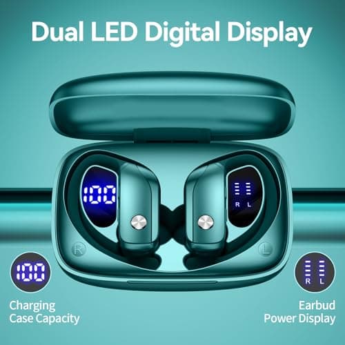 bmani Ear Buds Wireless Earbuds Bluetooth Headphones with 80H Playtime LED Display Case, Over-Ear Hook with Mic, Stereo Sound, Easy Button Controls, Sports Earphones for Running Workout Gym Green