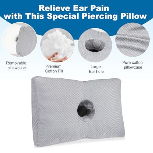Ear Piercing Pillow for Side Sleepers with a Big Hole, Adjustable Height Ear Pillows for Ear Pain CNH, Pain Relief Sleeping, Skin-Friendly & Washable Pillowcase (20 x 13 x 4.5 inches - Gray)