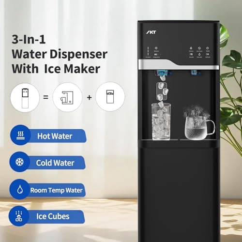 IKT Hot and Cold Water Cooler Built in Ice Maker Bottom Loading 5 Gallon, Bullet Ice 22lbs Per Day, LED Display, for Home or Office Black