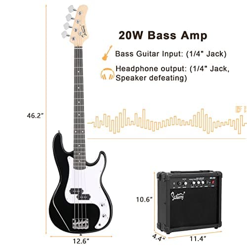 GLARRY Full Size Electric Bass Guitar Beginner Kit 4 String Exquisite Basswood Bass with 20W AMP, Cable, Strap, Bag and Accessories (Black, 39"Right Handed)