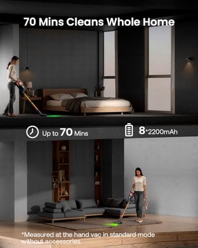 Cordless Vacuum Cleaner for Home, Upgraded 60Kpa Powerful Suction Pet Hair Vacuum with 70min Runtime, Green LED Light for Hardwood Floors & Carpet, Self-Standing Rechargeable Stick Vacuum, Golden