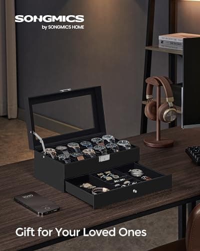 SONGMICS Watch Box, 12-Slot Watch Case Organizer with Large Glass Lid, 2 Layers, Removable Pillows, Metal Lock, Gift for Loved Ones, Black Synthetic Leather, Black Lining UJWB012B03