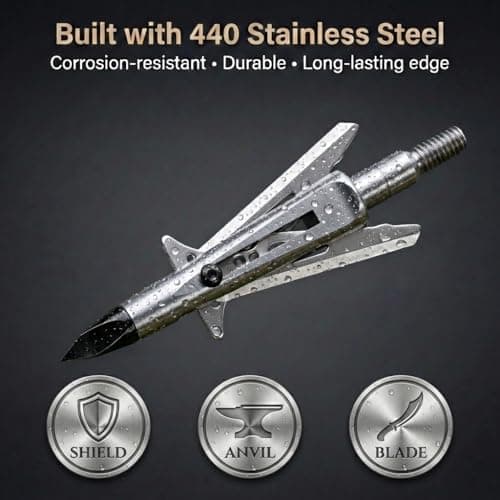 Mechanical Expandable Broadheads Hunting Arrow Tips, 100 Grain 2 Inch Cut, 440 Stainless Steel Blades & Chisel Tip, 8-32 Thread for Crossbow & Compound Bow Bolts, Up to 500 FPS Tested, 4 Pack