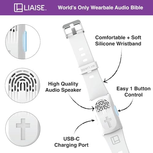 LIAISE Wearable Audio Wrist Band, WWJD Bracelet and Audio Bible, 300+ Verses from NIV, Jesus Bracelet Speaker, Christian Wristband, Christian Gifts for Men, Christian Gifts for Woman (White)