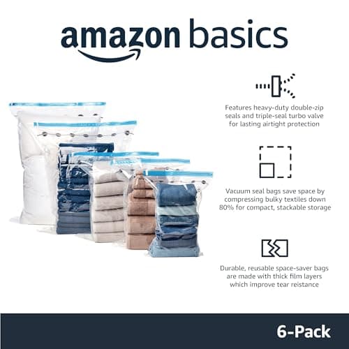 Amazon Basics Vacuum Compression Space Saving Storage Bags with Hand Pump for Clothes Packing, Jumbo, Clear, Pack of 6