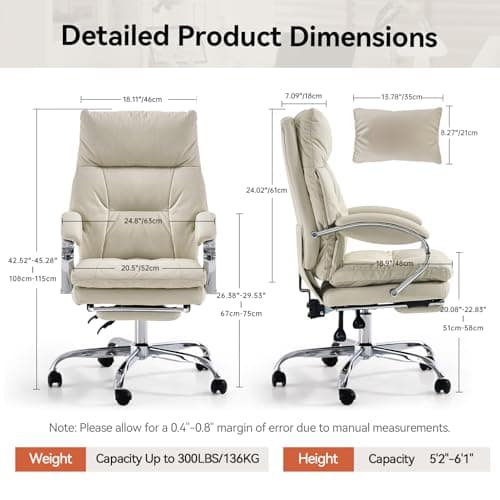 LEAGOO Office Chair with Foot Rest, Ergonomic Executive Office Chair with Arms, Reclining High Back PU Leather Comfy Swivel Computer Desk Chairs with Wheels and Lumbar Support for Home Office, Cream