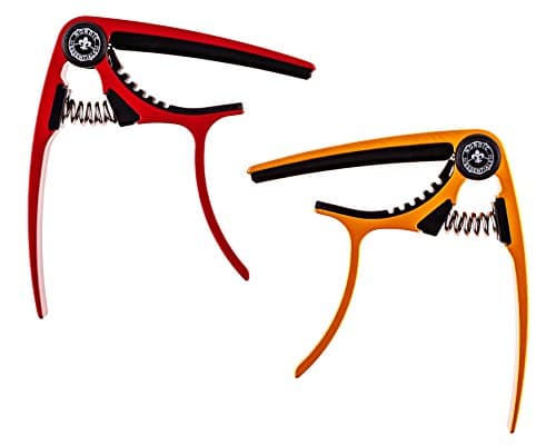 Guitar Capo (2 Pack) for Acoustic Guitars, Ukulele, Banjo, Mandolin, Bass - Made of Ultra Lightweight Aluminum Metal (1.2 oz!) for 6 & 12 String Instruments - Nordic Essentials (Red + Gold)