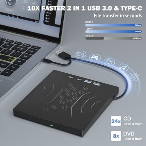 7 in 1 External DVD Drive, External CD/DVD Drive for Laptop USB 3.0 & Type-C, Portable CD/DVD +/-RW Disk Drive, CD/DVD Burner CD ROM External Drive for Laptop Desktop PC Windows 10/11 XP Mac Linux
