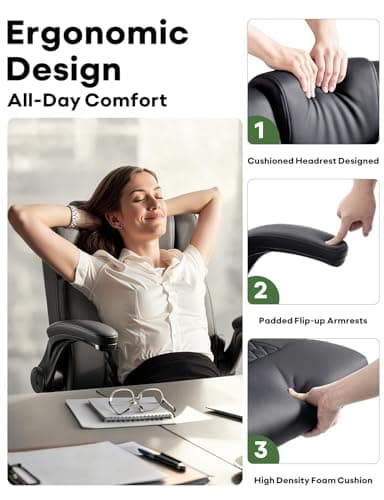 Executive Office Chair, Ergonomic Home Office Desk Chair with Lumbar Support & Flip-up Armrest, PU Leather Computer Seating for Shorter Users, Black