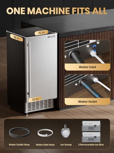Coolski Commercial Nugget Ice Maker Machine, 100Lbs Daily Production, Under Counter Sonic Ice Machine with 20Lbs Dual Storage Bin, Pebble Pellet Ice Maker for Home, Office, Cafe, Gravity Drain