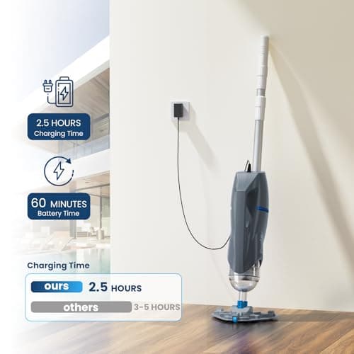 Cordless Pool Vacuum for Above Ground Pool with Telescopic Pole, 18.5 GPM Powerful Suction, Upgraded 60 Mins Runtime, Rechargeable Handheld Pool Cleaner with 2 Brush Heads for Inground Pools
