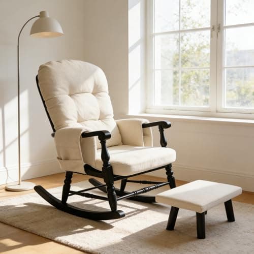 Glider Rocker Replacement Cushion Set with Storage Pockets Breathable Fine Linen Fabric & High-Resilience Foam Non-Slip Back Rocking Chair Cushion for Living Room Rocking Chair(Beige)