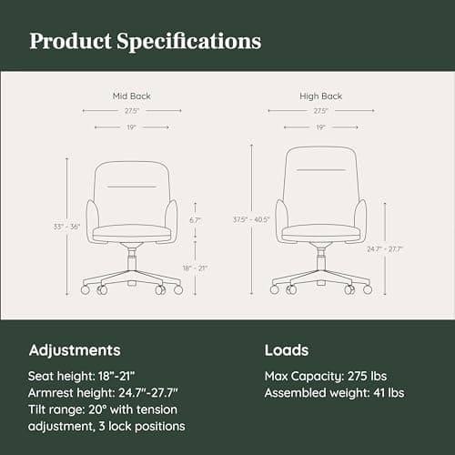 Branch Softside Mid Century Modern Office Chair, Boucle Fabric - Removable Arms with Luxury Cloud-Like Comfort - Adjustable Height - Integrated Lumbar Support - Oatmeal