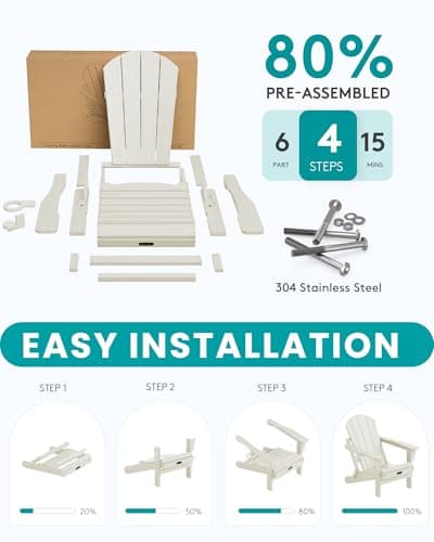 SERWALL Folding Adirondack Chair Set of 2, All Weather Patio Chair with Wood Texture, Fire Pit Chairs for Outdoor - White
