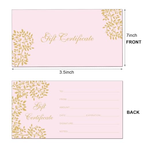Generic Paper Certificate Gift Card, Customer Client Voucher for Spa Salon Restaurant, Thanksgiving Christmas, Small Business Outus 50 Pcs Blank Gift Certificate for Business Voucher 3.5x7 Inch, Pink B0DBJ4V29J