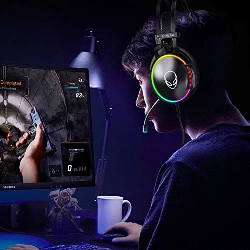 ETWAR EG100 USB Wired Gaming Headset for PC, 7.1 Surround Sound,Computer Headphones with Microphone/Mic Noise Cancelling, Video Gaming, RGB Flowing Light - for PS4, PS5,Laptop