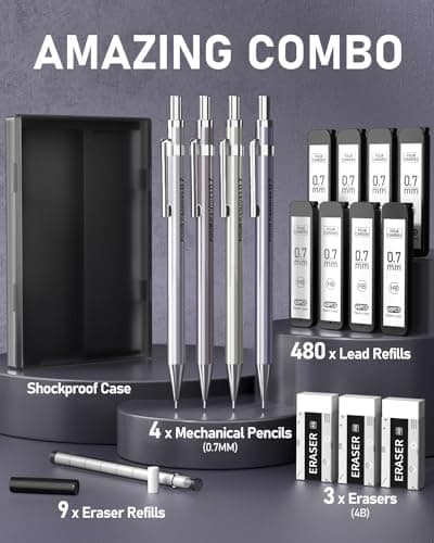 Four Candies 0.7mm Mechanical Pencil Set with Case - 4PCS Metal Mechanical Pencils, 8 Tubes HB #2 Lead Refills, 3PCS 4B Erasers and 9PCS Eraser Refills, Lead Mechanical Pencils for Writing & Drawing