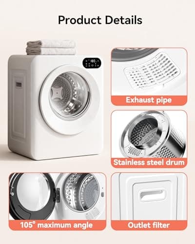Euhomy 1.5 Cu.Ft Portable Clothes Dryer, 850W Clothes Dryer with Stainless Steel Drum, 4 Functions, LED Control, Drying Machine for Apartments, Laundry, Dorm, Small Space, White