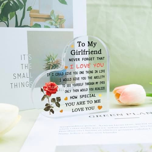 To My Girlfriend I Love You Floral Rose Sign Valentines Christmas Birthday Anniversary Present Bedroom Office Decor for Her Heart Shaped Acrylic Desk Plaque Romantic Gifts for Girlfriend Women