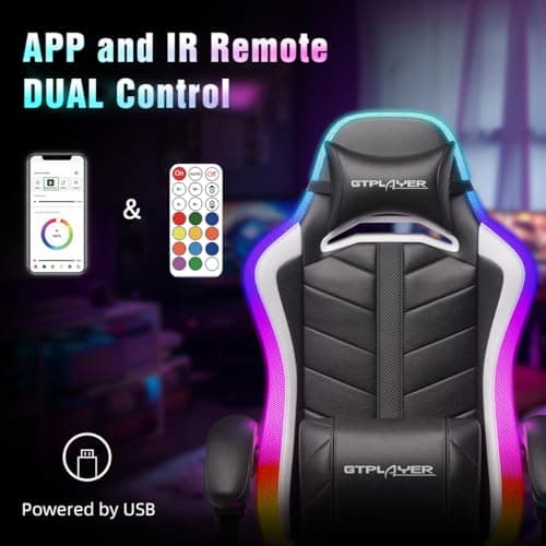 GTPLAYER Gaming Chair, Computer Chair with RGB LED Lights, High Back Ergonomic Chair for Adults with Footrest and Linkage Armrests& Headrest Lumbar Support (Without Bluetooth Speakers)