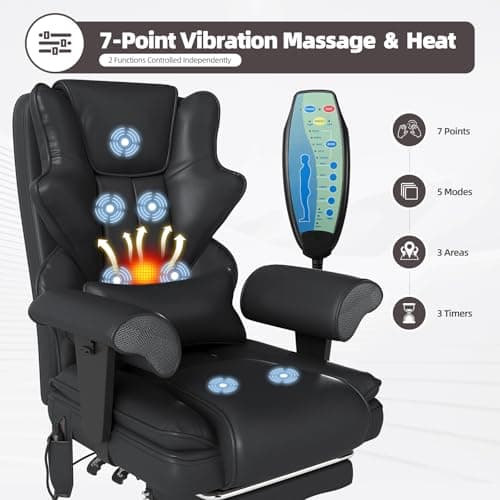 7-Point Massage Office Chair,Heated Desk Manageral Chair,Ergonomic Executive Chair with Footrest,Adjustable Armrest，Computer Chair for Offices, Study Areas, Gaming Spaces,Black