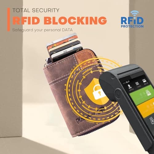 Lubsmuns RFID Card Holder, Slim RFID Blocking Card Wallet, Leather Zipper Credit Card Holder Gift for Men Women (Brown), Brown, slim, Minimalist